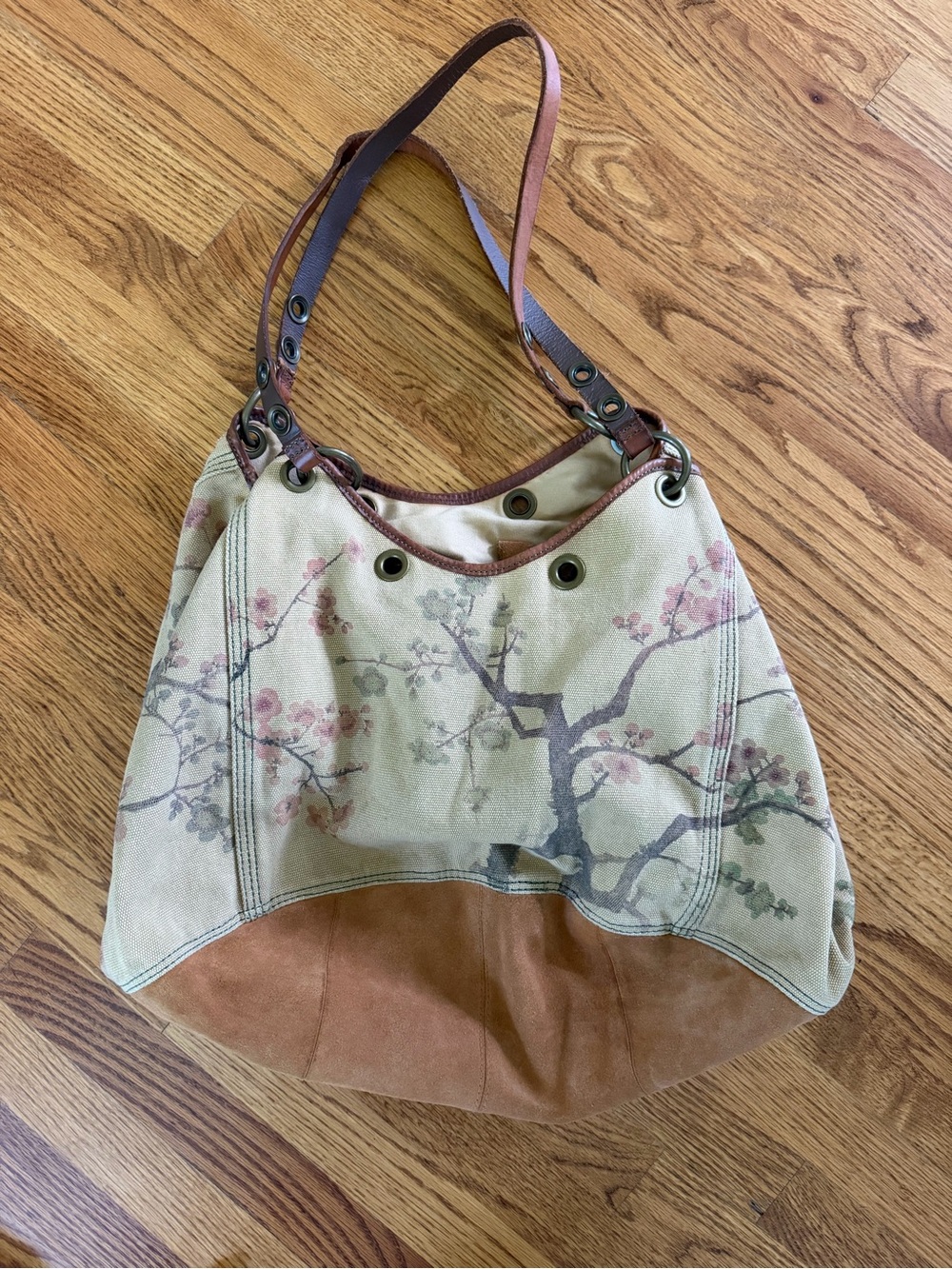 Large Lucky Brand Floral Blossoms Canvas Hobo with Tan Suede Base - Very Roomy!!